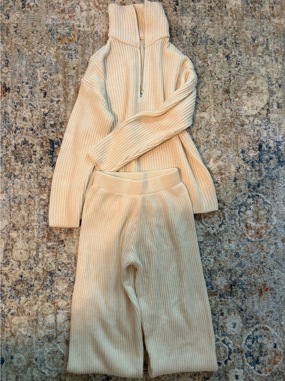 Cream Ribbed Knit Zip Sweater & Pants Set